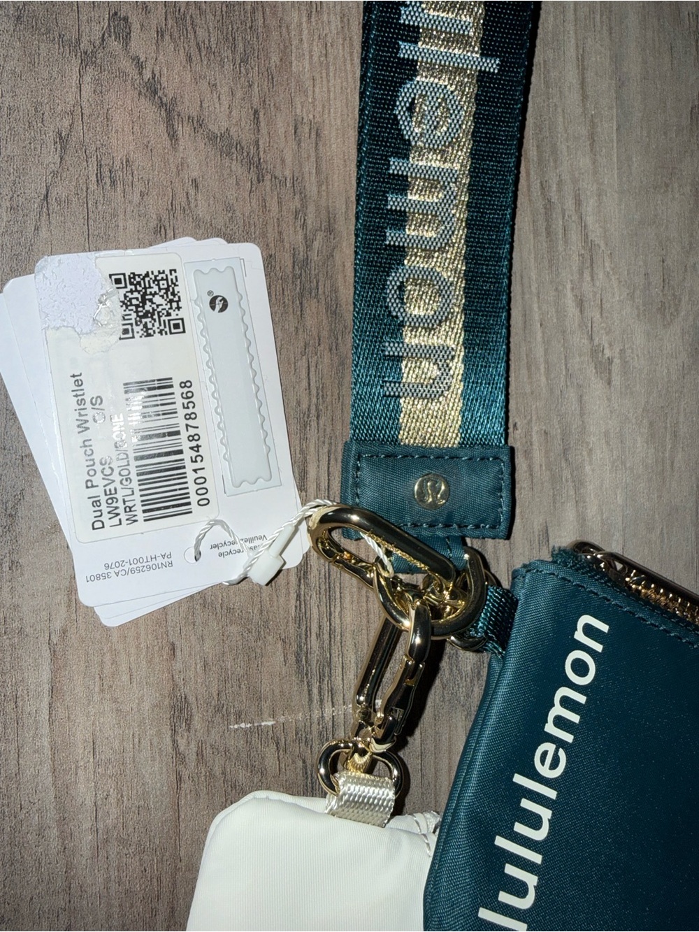 Lululemon Dual Pouch Wristlet Wordmark Warp Teal/Bone/Gold - Picture 2 of 3